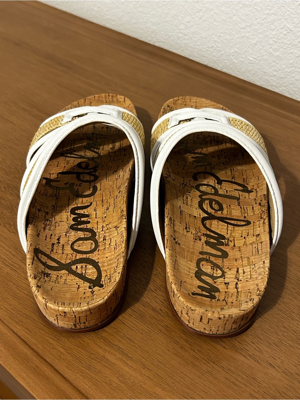 Sam Edelman White and Natural Straw Double Strap Slide Sandals - Picture 3 of 5